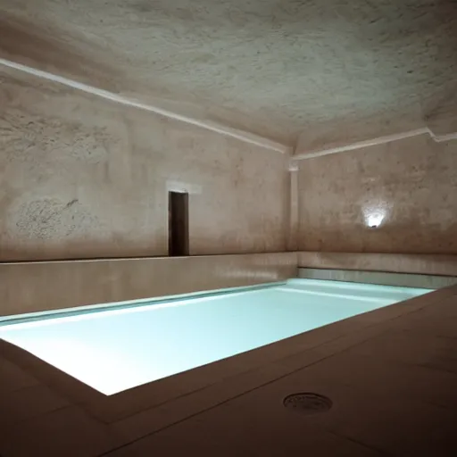 Image similar to a dimly lit underground pool made of white stone, surreal, liminal, eerie, minimalist, photo,