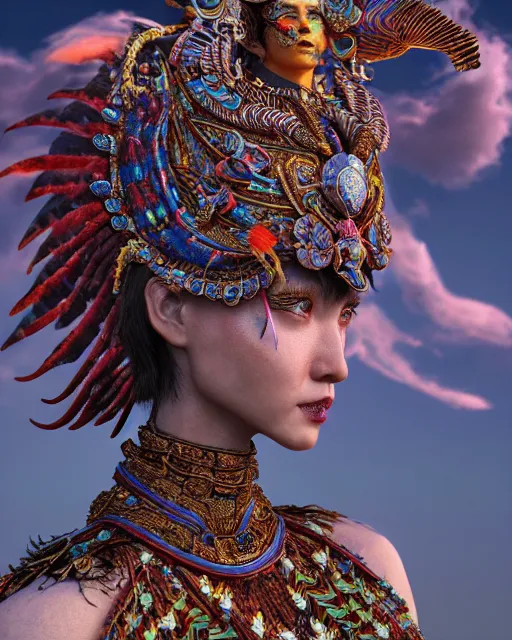 Image similar to 3 d warrior goddess close - up profile portrait. beautiful intricate highly detailed chuu!! magpie helm and richly embroidered blouse, quetzalcoatl, bioluminescent, plasma, lava, ice, feather, windy, artwork by tooth wu and wlop and annie leibovitz, octane 3 d render