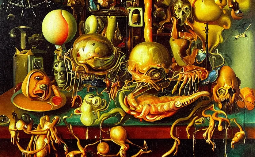 Image similar to strange painting by christian rex van minnen, enticing colorful oil painting dutch golden age vanitas eyes everwhere still life sparse composition with bulbous objects strange transparent surfaces shiny metal reflections bizarre mutant meat insects rachel ruysch dali todd schorr very detailed perfect composition rule of thirds masterpiece canon 5 0 mm, cinematic lighting, photography, retro, film, kodachrome