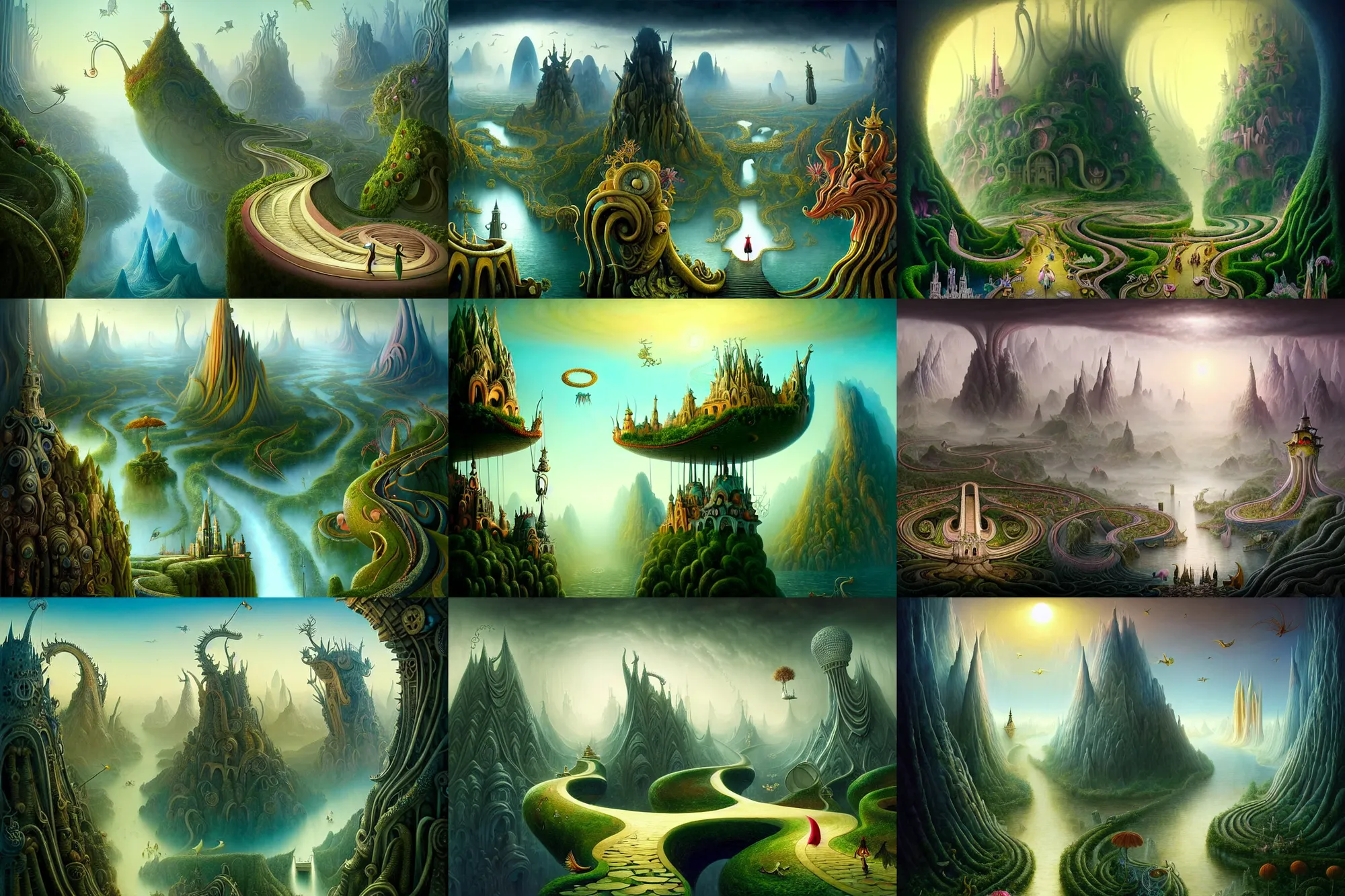 Prompt: a beguiling epic stunning beautiful and insanely detailed matte painting of the impossible winding path in a dream city with surreal architecture designed by Heironymous Bosch, dream world populated with mythical whimsical creatures, mega structures inspired by Heironymous Bosch's Garden of Earthly Delights, vast surreal landscape and horizon by Cyril Rolando and Asher Durand, masterpiece!!!, grand!, imaginative!!!, whimsical!!, epic scale, intricate details, sense of awe, elite, wonder, insanely complex, masterful composition!!!, sharp focus, fantasy realism, dramatic lighting