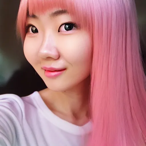 Image similar to beautiful hyperrealism selfie of nikki 苏 暖 暖 from shining nikki, a cute 3 d young woman smiling sofly, long light pink hair and full bangs, flushed face, blushing, small heart - shaped face, soft features, amber eyes, chinese heritage, golden hour, 8 k, sharp focus, instagram