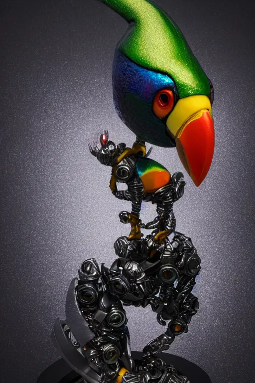 Prompt: a macro photo of a cyborg toucan miniature figurine, dynamic pose, chrome parts, glowing power source, intricate details, intricately detailed textures, warm lighting, vivid colors, realistic octane render, hyper realistic render, volumetric shading, depth of field, raytracing, 8 k,