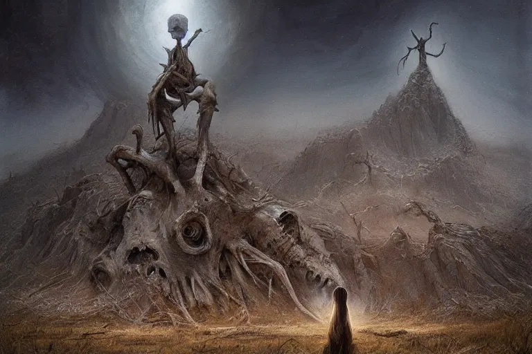 Image similar to prophecy, amazing concept painting by Jessica Rossier and HR giger and Beksinski, the middle of a valley, it was full of bones, bones that were very dry, there was a noise, a rattling sound, and the bones came together, bone to bone , I looked, and tendons and flesh appeared on them and skin covered them, but there was no breath in them and breath entered them, they came to life and stood up on their feet a vast army