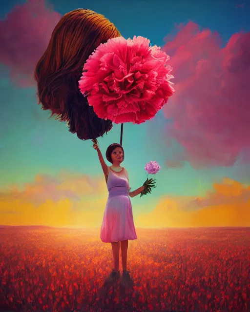 Image similar to girl with a giant carnation as face, surreal photography, flower field, sunset dramatic light, impressionist painting, colorful clouds, blue sky, digital painting, artstation, simon stalenhag