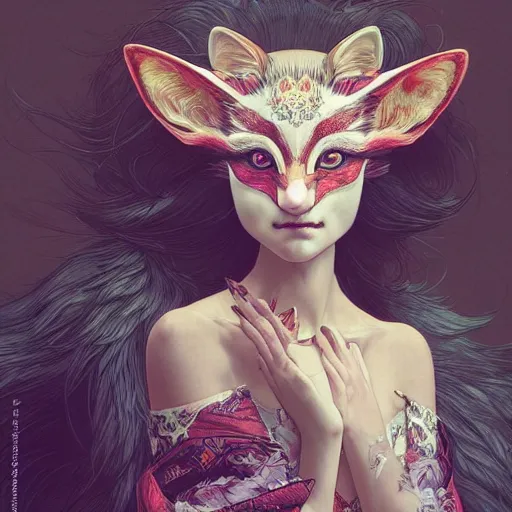 Prompt: a Photorealistic dramatic fantasy render of a beautiful woman wearing a beautiful intricately detailed Japanese Fox Kitsune mask and clasical Japanese Kimono by WLOP,Artgerm,Greg Rutkowski,Alphonse Mucha, Beautiful dynamic dramatic dark moody lighting,shadows,cinematic atmosphere,Artstation,concept design art,Octane render,8K The seeds for each individual image are: [4020026879, 3556865279, 2305362943, 3676736511, 584913919, 2723698943, 2294952447, 3185230079, 4156714495]