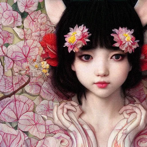 Prompt: white cat girl, botanical, orchid, portrait face, colorful, frantisek kupka, intricate, miles johnston, kuroda seiki, cynical realism, ozabu, john william godward, painterly, yoshitaka amano, moebius, miles johnston, louise zhang, james jean, mark ryden lowbrow pop surrealism art style