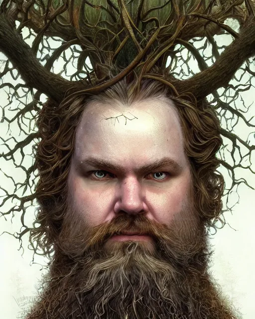 Prompt: patrick rothfuss as a forest druid with antlers, and leaves in his beard | highly detailed | very intricate | symmetrical | cinematic lighting | award - winning | closeup portrait | painted by donato giancola and mandy jurgens and charlie bowater | featured on artstation