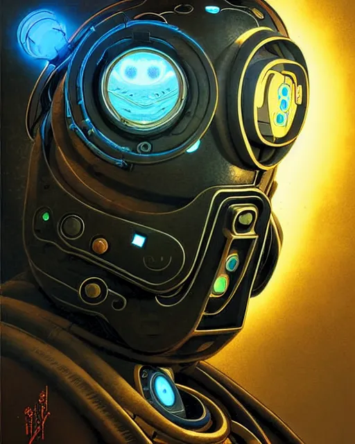 Image similar to zenyatta from overwatch, nine robot eyes, character portrait, portrait, close up, concept art, intricate details, highly detailed, vintage sci - fi poster, retro future, in the style of chris foss, rodger dean, moebius, michael whelan, and gustave dore