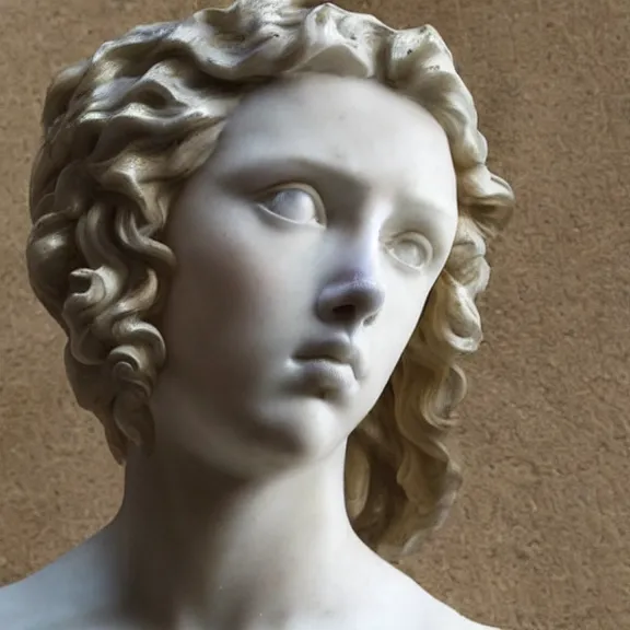 Image similar to a white art nouveau marble sculptural bust of a worried young scarlett johansson as joan of arc with long, flowing hair, wearing intricate gold plate armor on her chest, delicate, intricate, smooth, beautiful, by charles van der stappen