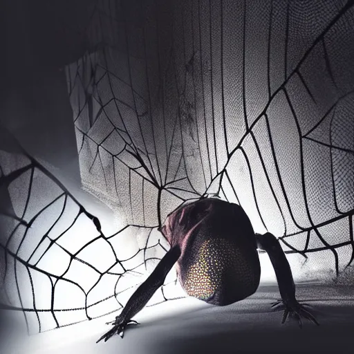 Image similar to a man pushed flat against a wall with limbs spread out covered with a large spider web, cinematic lighting, deep colors, epic scale