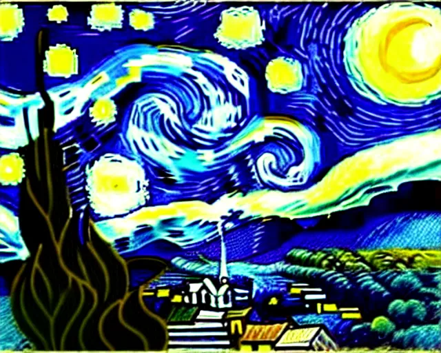 Image similar to Starry Night by van Gogh, re imagined as a Giorgio de Chirico painting