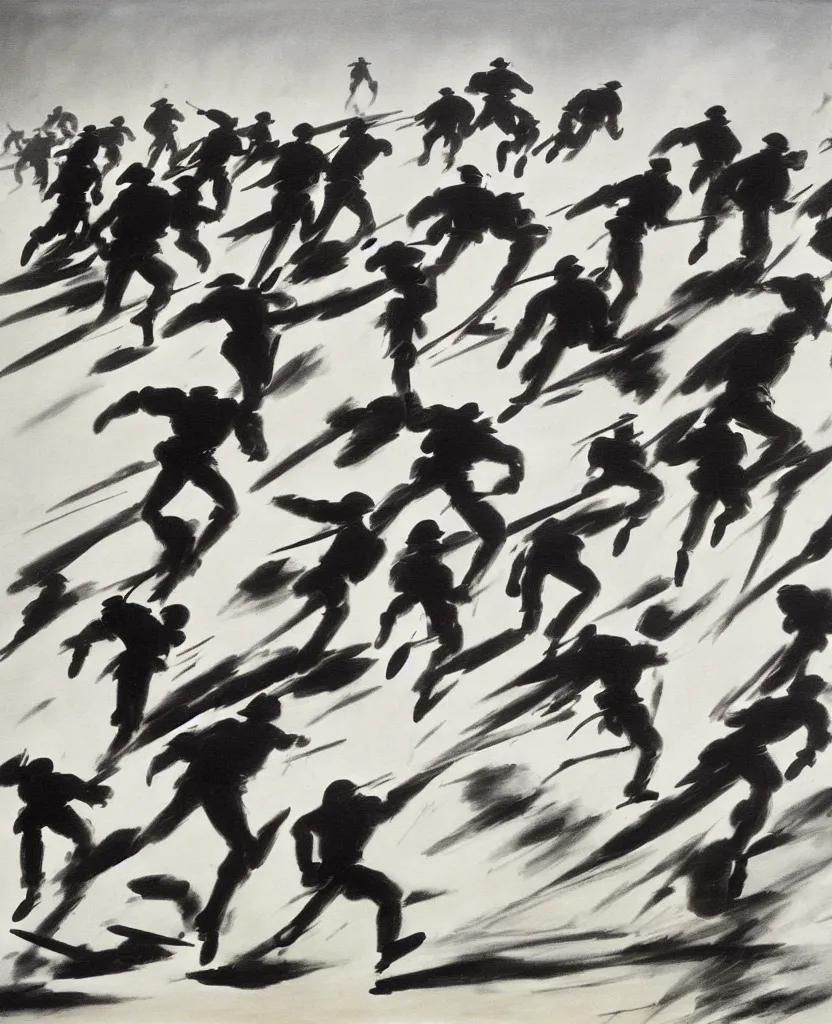 Image similar to a beautiful painting of running soldiers in el alamein battle, wwii,, black and white, painted by laszlo moholy nagy