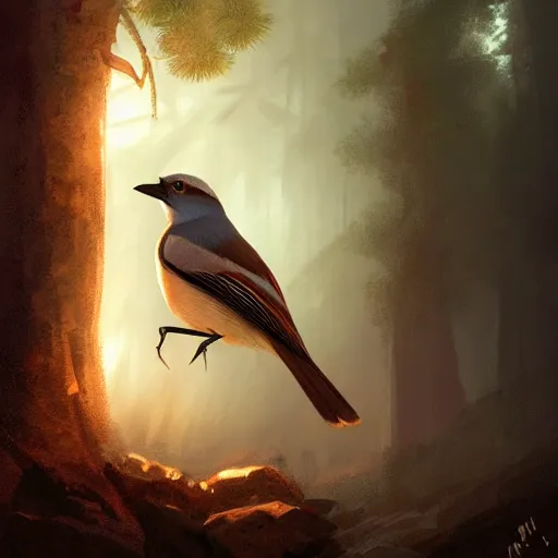 Image similar to brown jay bird, garrulus glandarius, arrendajo in avila pinewood, 4 k, concept art, by wlop, ilya kuvshinov, artgerm, krenz cushart, greg rutkowski, pixiv. cinematic dramatic atmosphere, sharp focus, volumetric lighting, cinematic lighting, studio quality