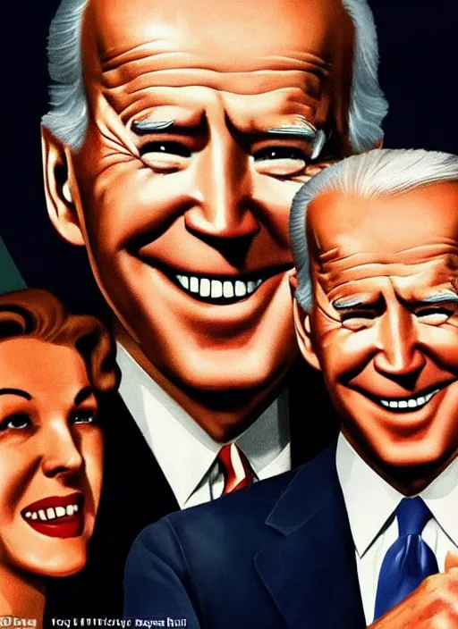 Image similar to joe biden staring directly at you ominously with an eerie comically big scary smile, 1940s scare tactic propaganda art