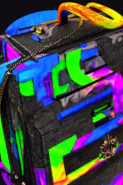 Image similar to photo of a handbag, band merchandise, printed band name is tripmachine, realistic digital art, hanbag is textured with a 3 d render of a huge futuristic steampunk generator, 8 k, fluorescent colors, halluzinogenic, multicolored, exaggerated detailed, unreal engine