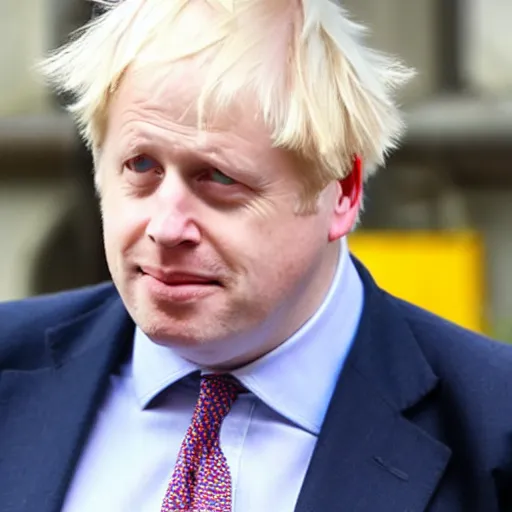 Prompt: Boris Johnson wearing suit and necktie drinking tea from a yellow mug