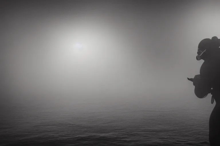 Image similar to a ominous diver swimming underwater, photo-realistic, dark, smog, creepy, vast, shot by a camera,