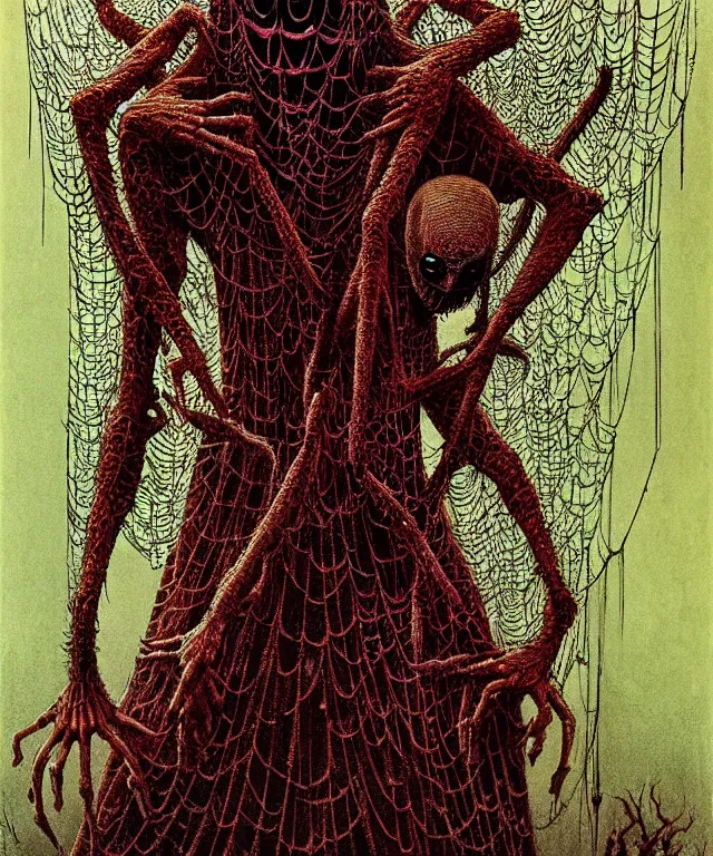 Image similar to a woman standing all covered in spiders. arachnophobia, fear of spiders, incredible number of spiders. extremely high details, many spider paws and eyes, realistic, horror, creepy, web, masterpiece, colorful art by zdzislaw beksinski, arthur rackham, dariusz zawadzki, ed binkley