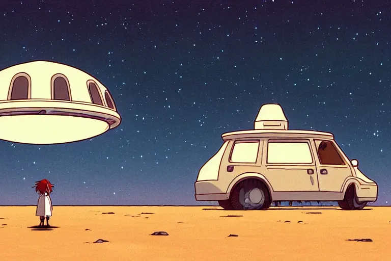 Image similar to a study of a cell shaded cartoon of a giant ufo from howl's moving castle ( 2 0 0 4 ) at night on a desert road, full body, wide shot, very muted colors, post grunge, studio ghibli, laurie greasley, highly detailed, deviantart, art by artgem