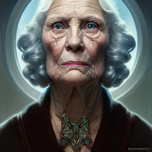 Prompt: Portrait of old wrinkly grandma, D&D, blue eyes, face, fantasy, intricate, elegant, highly detailed, digital painting, artstation, concept art, smooth, sharp focus, illustration, art by artgerm and greg rutkowski and alphonse mucha