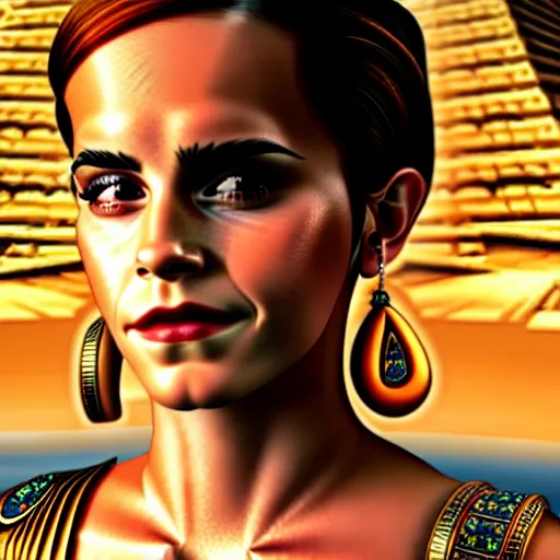 Image similar to emma watson demonic egyptian queen, an oasis in the background, anatomically correct body, many details, super realistic, high quality, 8 k