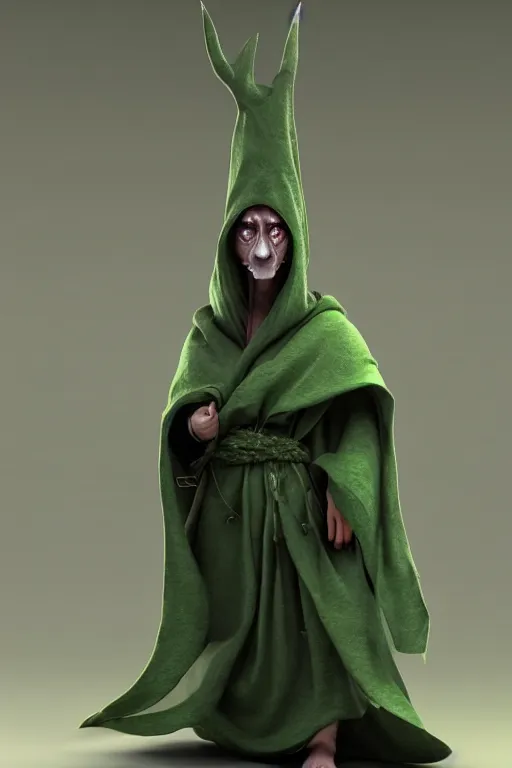 Image similar to A cute shaman with no nose, glowing eyes and a very long hooded dark green cloak of leaves by Julien Kaspar, 3D render, stylized, Cycles Render