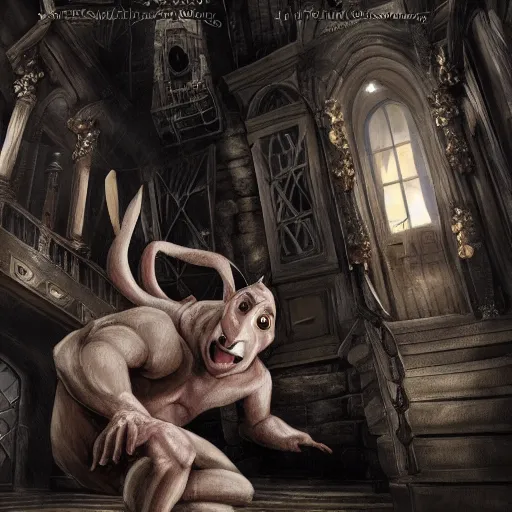 Image similar to harry potter illustration of extremely muscular Dobby fighting a Gnome at Gringotts, hd 4k