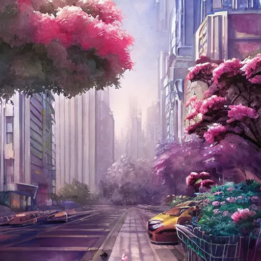 Image similar to a painting of an art - deco cityscape surrounded by flowers, a watercolor and matte painting by magali villenueve and mandy jurgens and charlie bowater, cgsociety, artdeco, utopia art, sci - fi, artstation hq