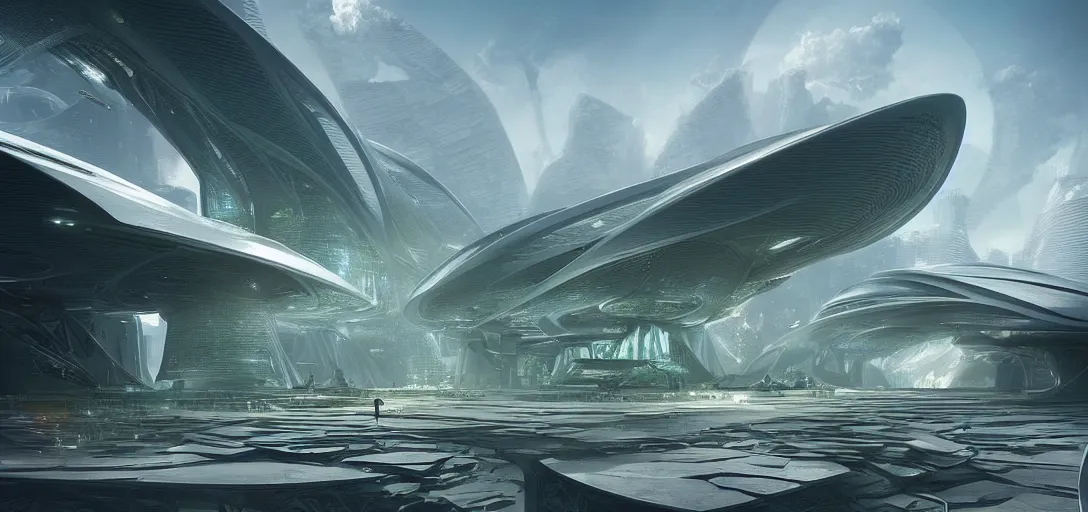 Image similar to a futuristic solarpunk biome, designed by zaha hadid, sci - fi, digital art by paul chadeisson