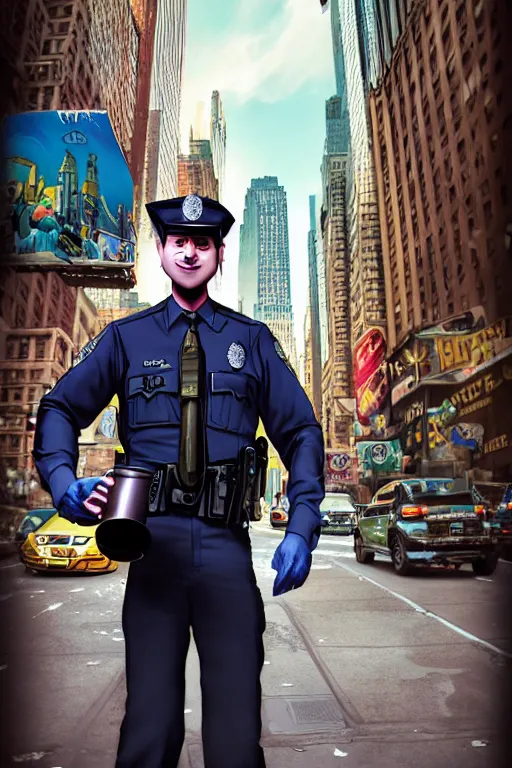 Prompt: an epic fantasy comic book style full body painting of a police man holding a cup of coffee on New York city, character design by Mark Ryden and Pixar and Hayao Miyazaki, unreal 5, DAZ, hyperrealistic, octane render, cosplay, RPG portrait, dynamic lighting, intricate detail, summer vibrancy, cinematic