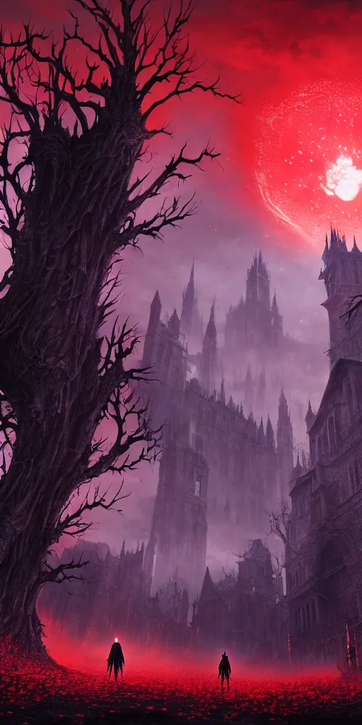 Prompt: populated bloodborne old valley with a obscure person at the centre and a ruined gothic city in the background, trees and stars in the background, falling red petals, epic red - orange moonlight, perfect lightning, wallpaper illustration by niko delort and kentaro miura, 4 k, ultra realistic