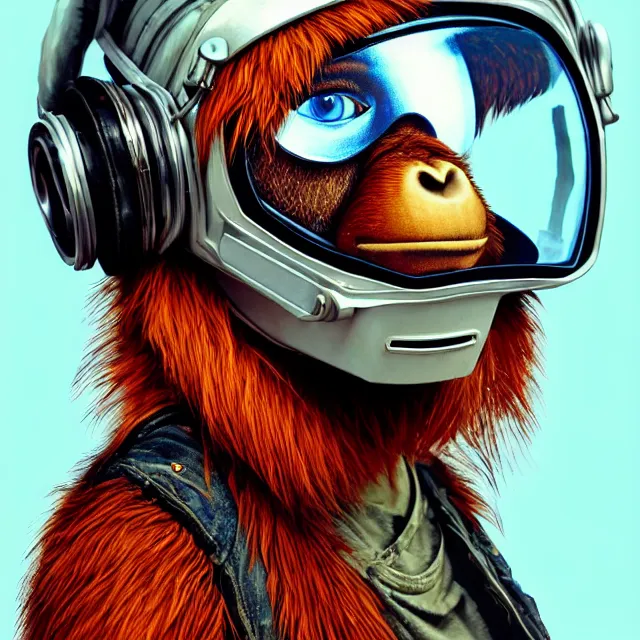 Image similar to a portrait of an anthropomorphic cyberpunk orangutan in a motorcycle helmet by sandra chevrier, detailed render, tape deck, boombox, headphones, epic composition, cybernetics, 4 k realistic, cryengine, realistic shaded lighting, sharp focus, masterpiece, by matteo scalera, gary montalbano, peter elson in the style of the tokyo ghost comic