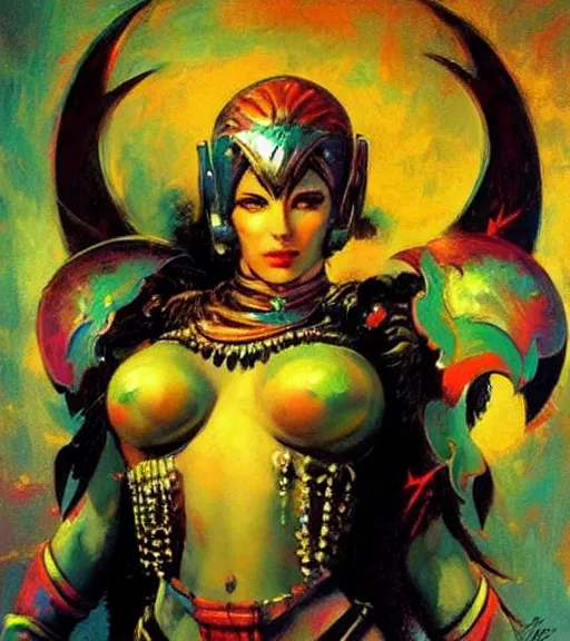 Image similar to portrait of strong iranian female chaos angel, beautiful! coherent! by frank frazetta, by brom, strong line, vivid neon color, shining metal power armor, iron helm, high contrast, maximalist