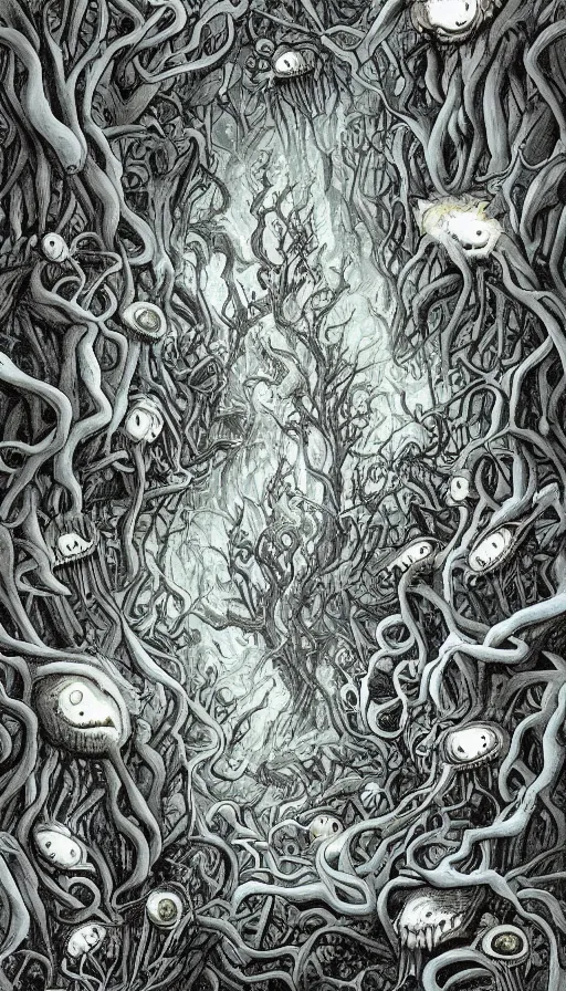 Prompt: a storm vortex made of many demonic eyes and teeth over a forest, by james jean