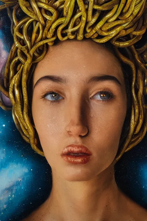 Image similar to hyperrealism oil painting, close - up portrait of face from a tangle of snakes fashion model, knight, street art gradient mixed with nebula sky, in style of baroque
