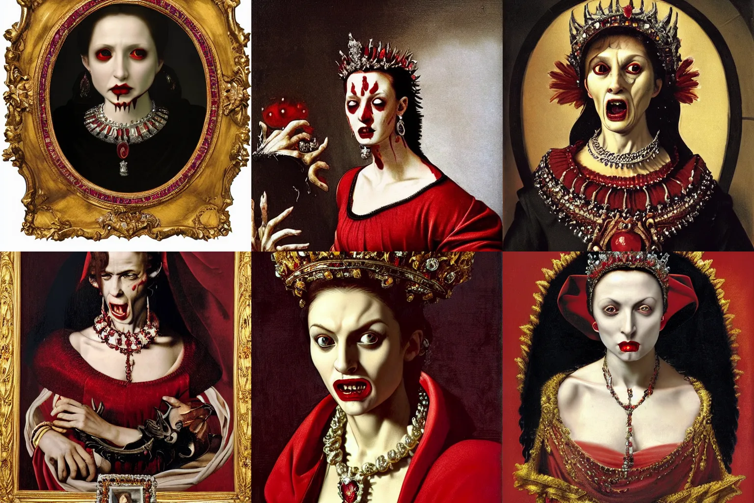 Prompt: A extremely highly detailed majestic hi-res beautiful immaculate head and shoulders painting of a angry, bloody vampire woman with fangs, filled with hatred and rage, crying tears of red blood wearing a long royal red silk dress, the crown jewels is on her head and around her neck is a ornate golden necklace decorated with diamonds and rupees smiling by Michelangelo Merisi da Caravaggio, high detail, hyperrealistic, photorealistic, octante render, cinematic, high textures, royaltly, royal, hyper sharp, 4k insanely detailed and intricate, hypermaximalist, 8k, hyper realistic, super detailed, 4k HDR hyper realistic high,