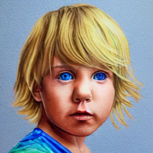 Image similar to of accurate and realistic representation of a close up portrait of a cute blue eyed blond hair boy. colored paints and colored inks on vellum.