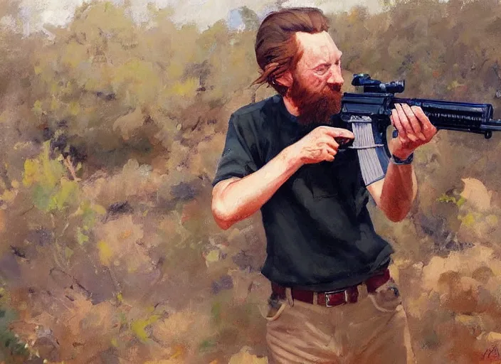 Image similar to a highly detailed beautiful portrait of tomm yorke shooting a ak 4 7, by gregory manchess, james gurney, james jean