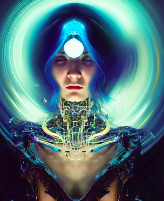 Image similar to a whirlwind of souls rushing inside the metaverse, hologram, half body, neurochip, shaved temple, piercing, jewelry, android, cyborg, cyberpunk face, by loish, d & d, fantasy, intricate, elegant, highly detailed, colorful, digital painting, artstation, concept art, art by artgerm and greg rutkowski and alphonse mucha