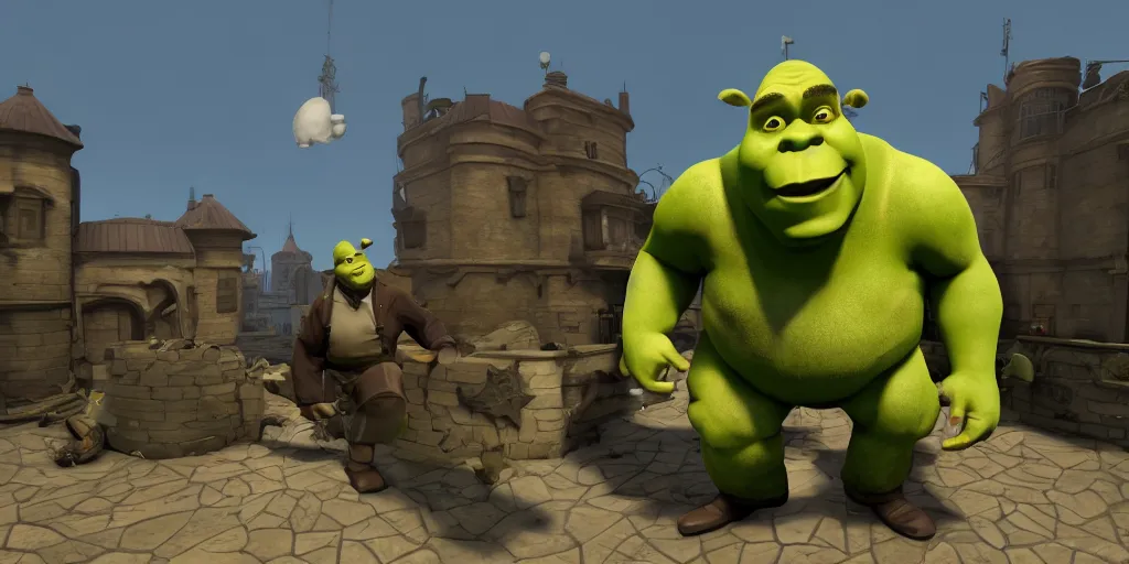 Image similar to shrek in team fortress 2 garry's mod, half life, sfm render, gmod, realistic 4 k octane beautifully detailed render, 4 k post - processing, highly detailed, intricate complexity, epic composition, magical atmosphere, cinematic lighting, masterpiece, ultra hd