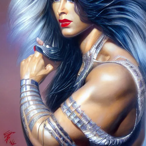 Image similar to detailed oil portrait of tall hyper - muscular shining bronze - skinned warrior woman with silver eyes, full body, with long wavy flowing black hair and big gold earrings, jewelry, red lipstick, makeup, feminine, volumetric lighting, dynamic composition, art by boris vallejo, scifi, concept art