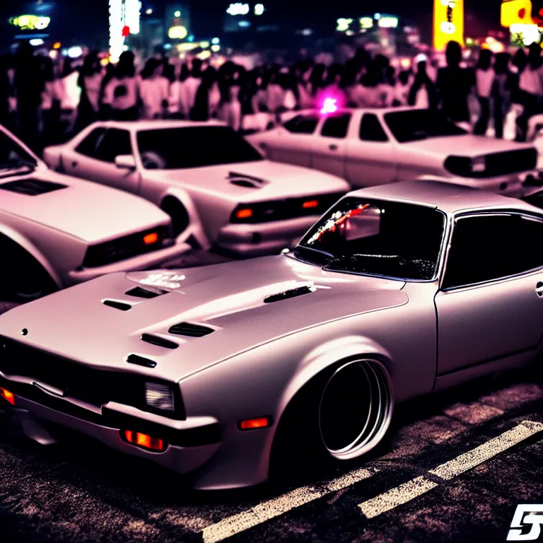 Image similar to a car S30 twin turbo drift at illegal car meet, Shibuya prefecture, city midnight mist lights, cinematic lighting, photorealistic, highly detailed wheels, high detail