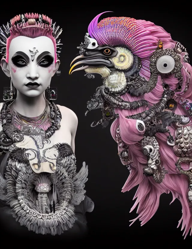 Image similar to 3 d goddess close - up profile portrait punk with mohawk with ram skull. beautiful intricately detailed japanese crow kitsune mask and clasical japanese kimono. betta fish, jellyfish phoenix, bio luminescent, plasma, ice, water, wind, creature, artwork by tooth wu and wlop and beeple and greg rutkowski