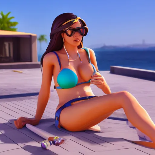 Image similar to pool party Caitlyn enjoying the Californian sun (League of Legends). 3d octane render 4k