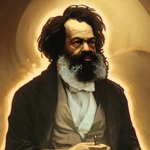 Image similar to portrait of Karl Marx pondering his orb, highly detailed, digital painting, artstation, concept art, smooth, sharp focus, illustration, art by artgerm and greg rutkowski and alphonse mucha