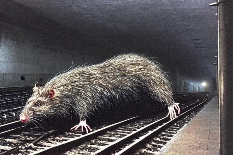 Image similar to very large giant mutant zombie irradiated ( angry rat ) staying on railways in tonnel of moscow subway. tonnel, railways, giant angry rat, furr, fangs, claws, very realistic. fog, extreme long shot, herman nitsch, giger.