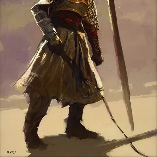 Image similar to portrait of woman wearing helmet and gambeson and chainmail swinging sword, aggressive stance, detailed by greg manchess, craig mullins, bernie fuchs, walter everett