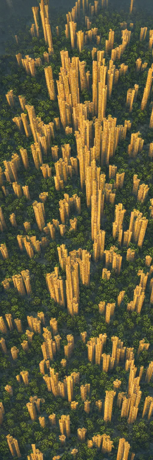 Image similar to photo of vertical golden village in the form of a tower, arid mountains and lush palm forest, photo realism, sharp focus, octane