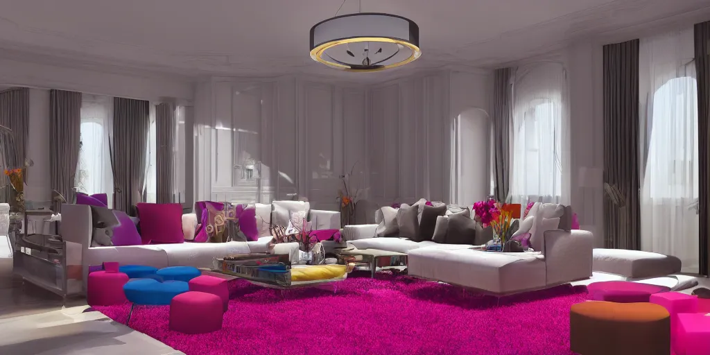 Image similar to colourful minimalistic royal interior design living room, big open floor, 3 d render v - ray photo realistic, 8 k