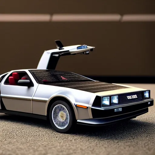 Prompt: hot wheels delorean car on a suburban street diorama scene, cinema 4 d, octane, render 8 d, cinematic lighting, product shot, commercial photography